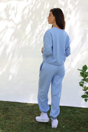 pantalon jogging molleton bleu ciel taille élastiqué de dos