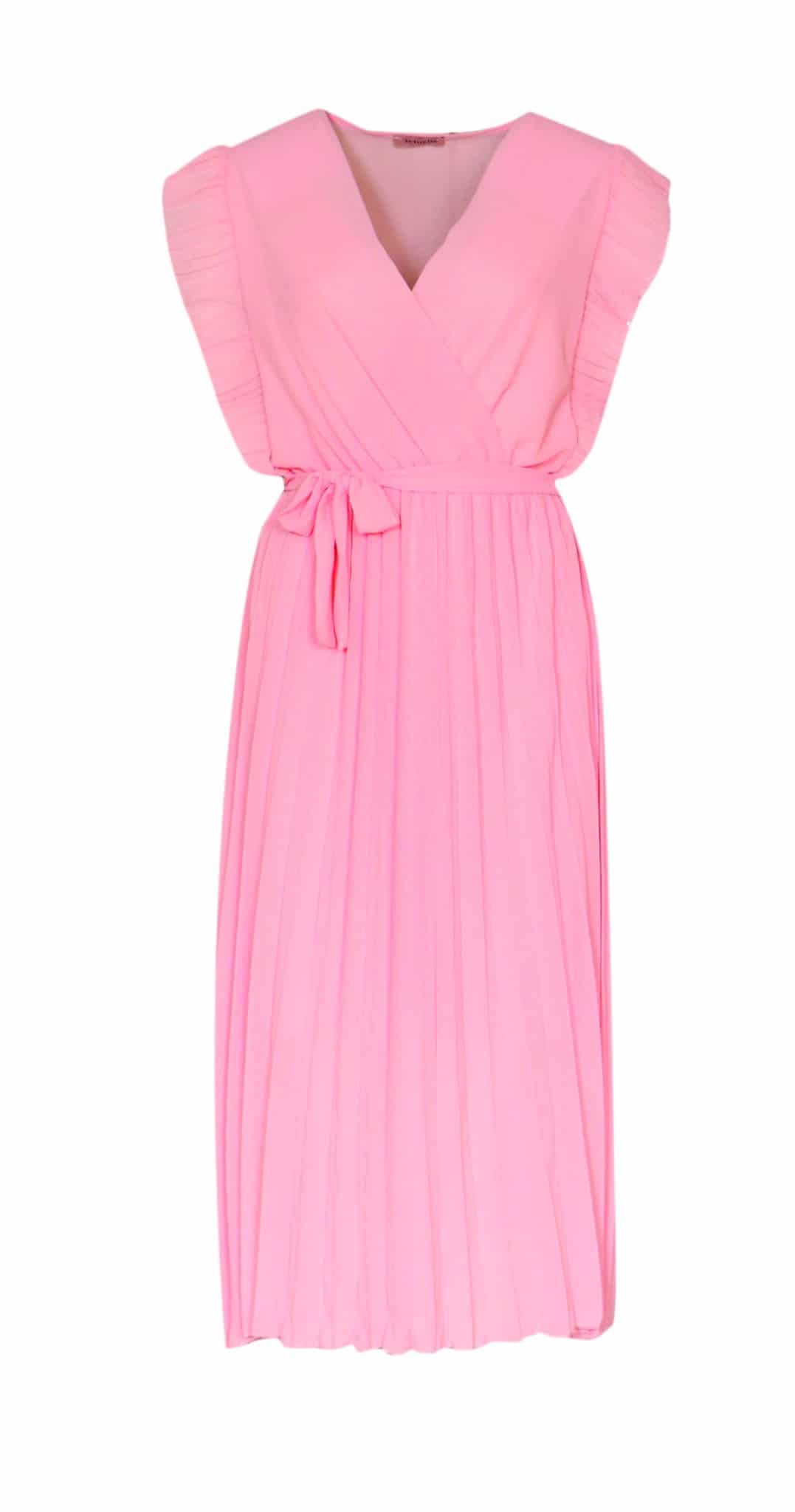 robe midi rose col V emmanches volants bas plissé photo buste