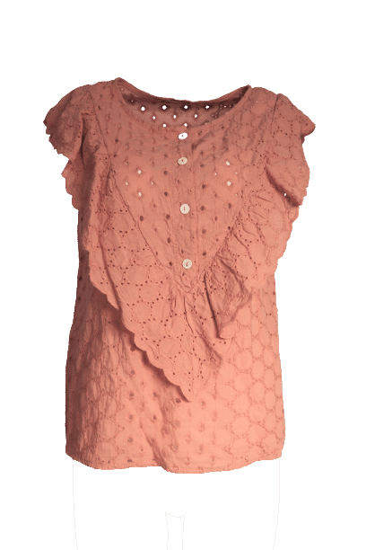 blouse rose sans manches broder anglaise boutons de fermetures col rond photo buste