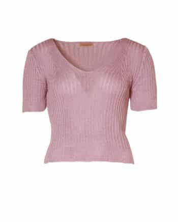 pull en maille rose manches courtes col rond photo buste