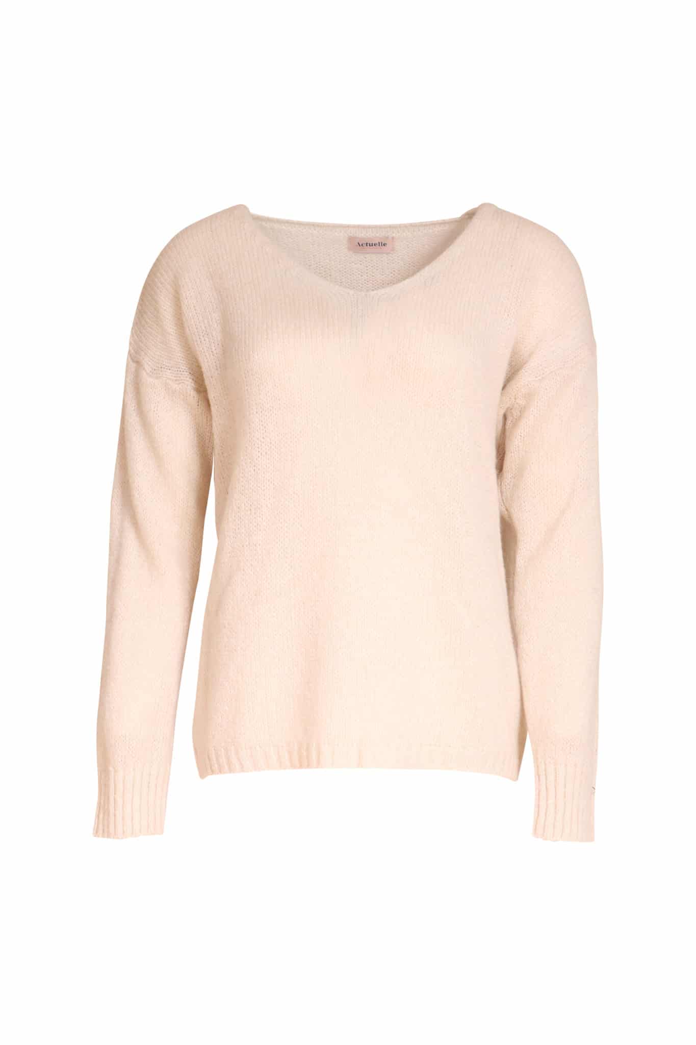 pull col v en maille mohair beige manches longues photo buste