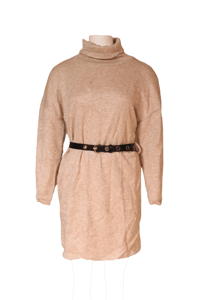robe pull col montant manches longues couleur beige avec ceinture