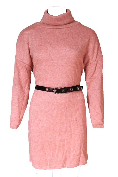 robe pull uni col roulé + ceinture rose pâle