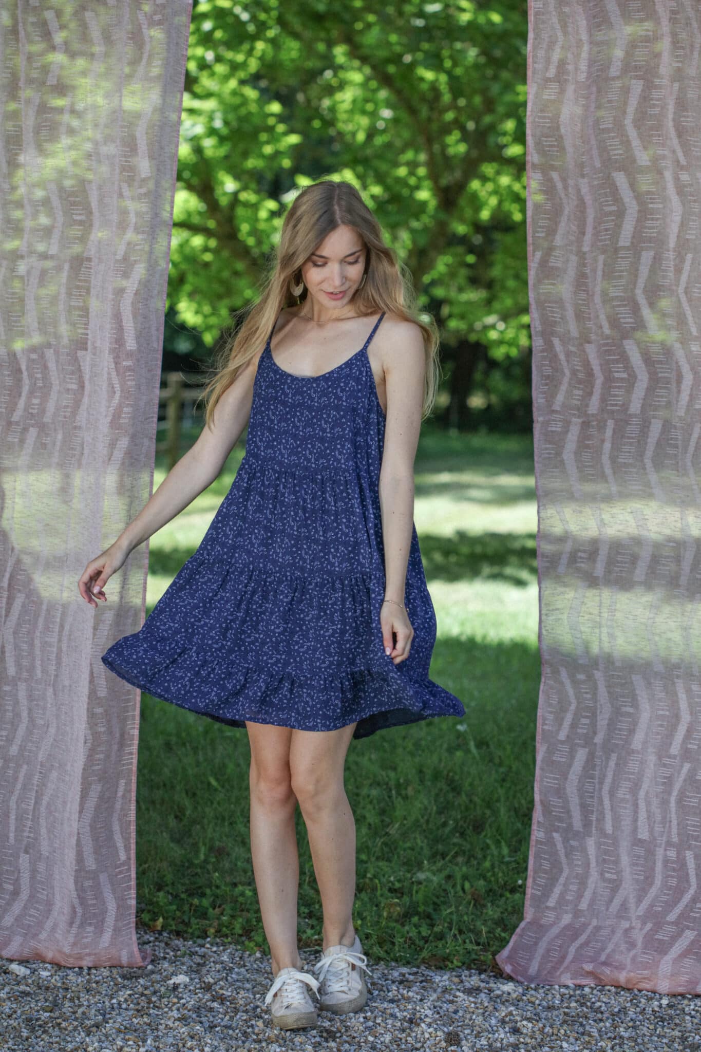 thin navy strap dress printed small flowers