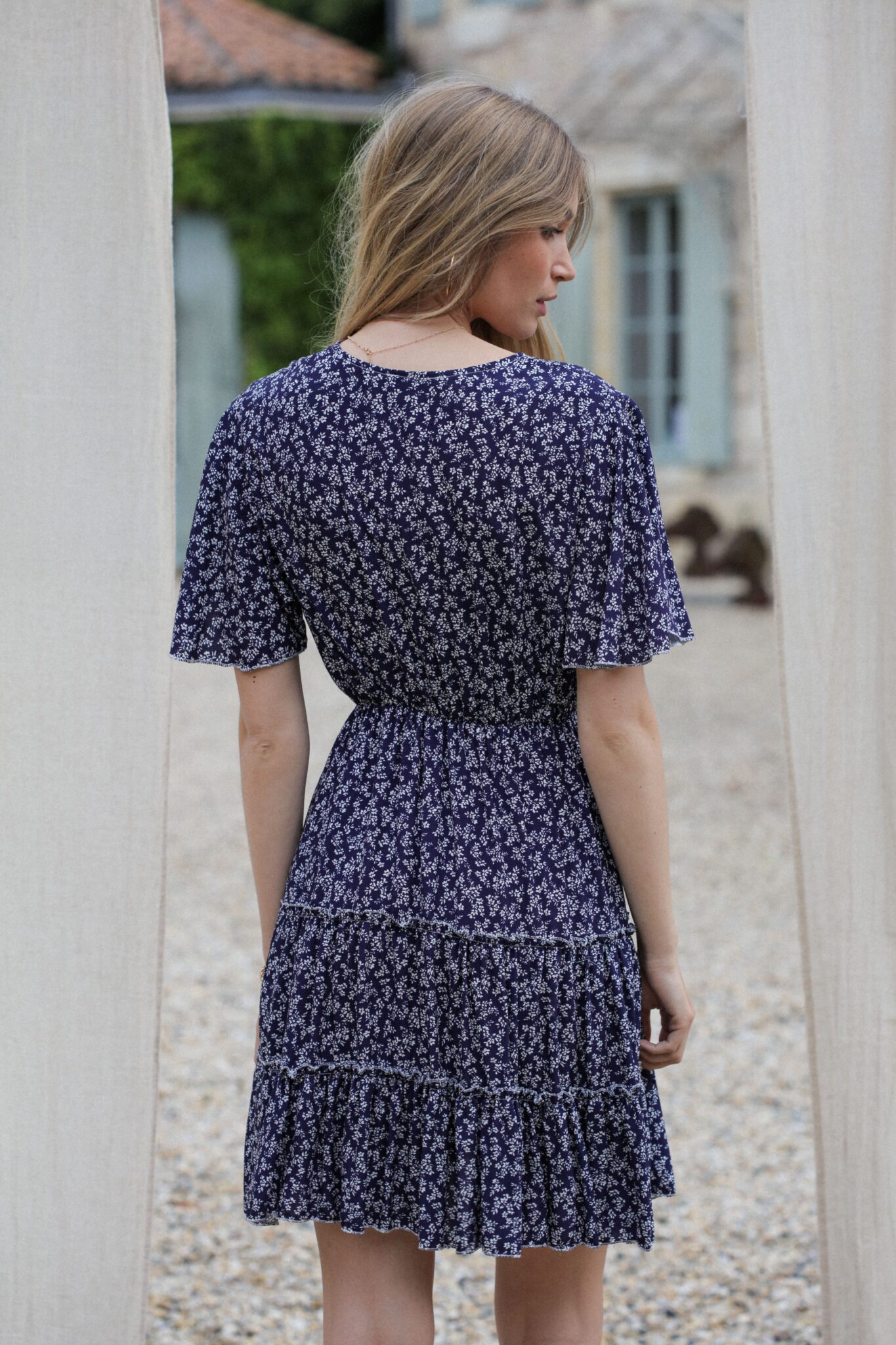 two-tone floral navy back dress