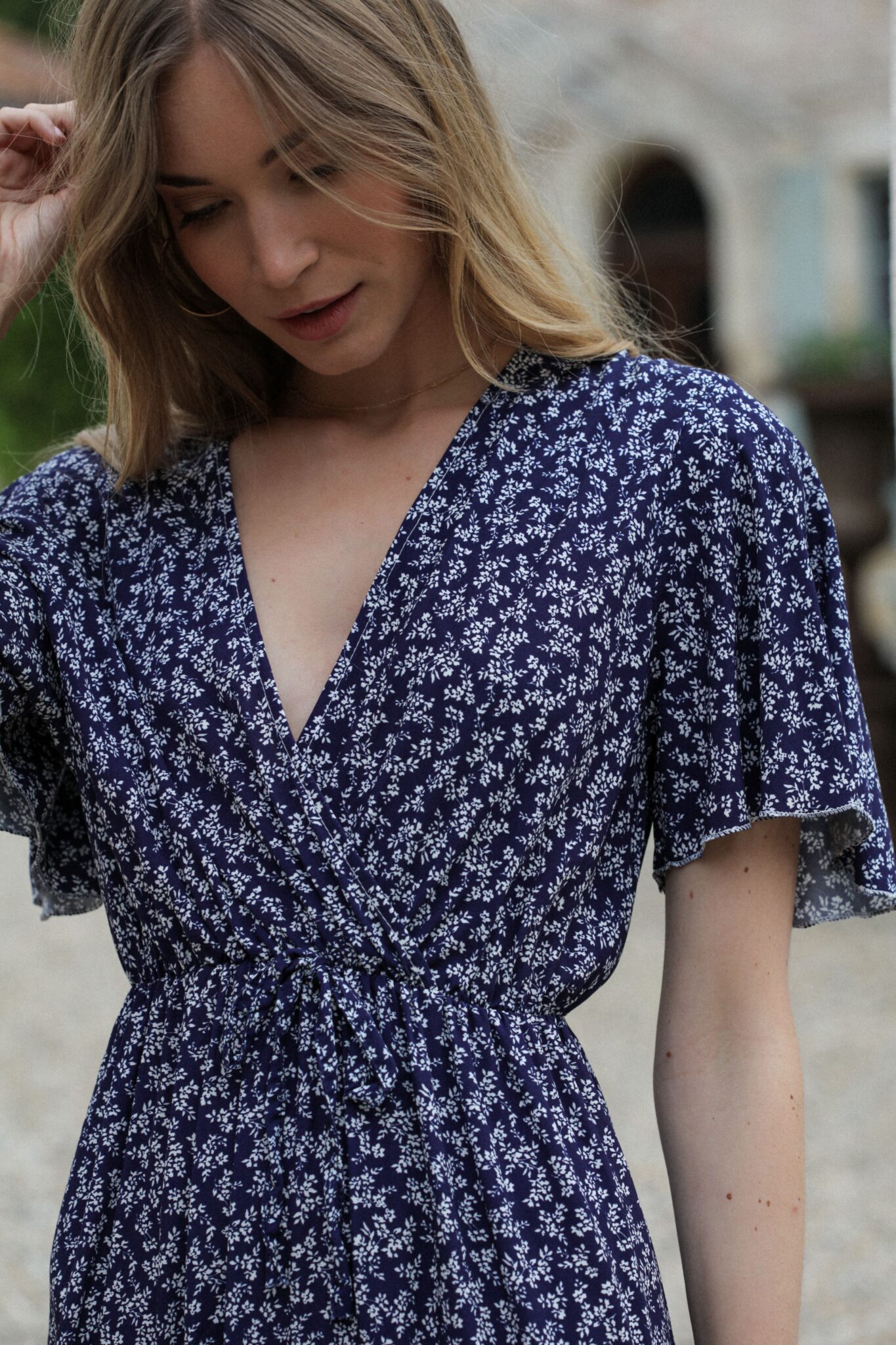 two-tone navy floral dress zoomed