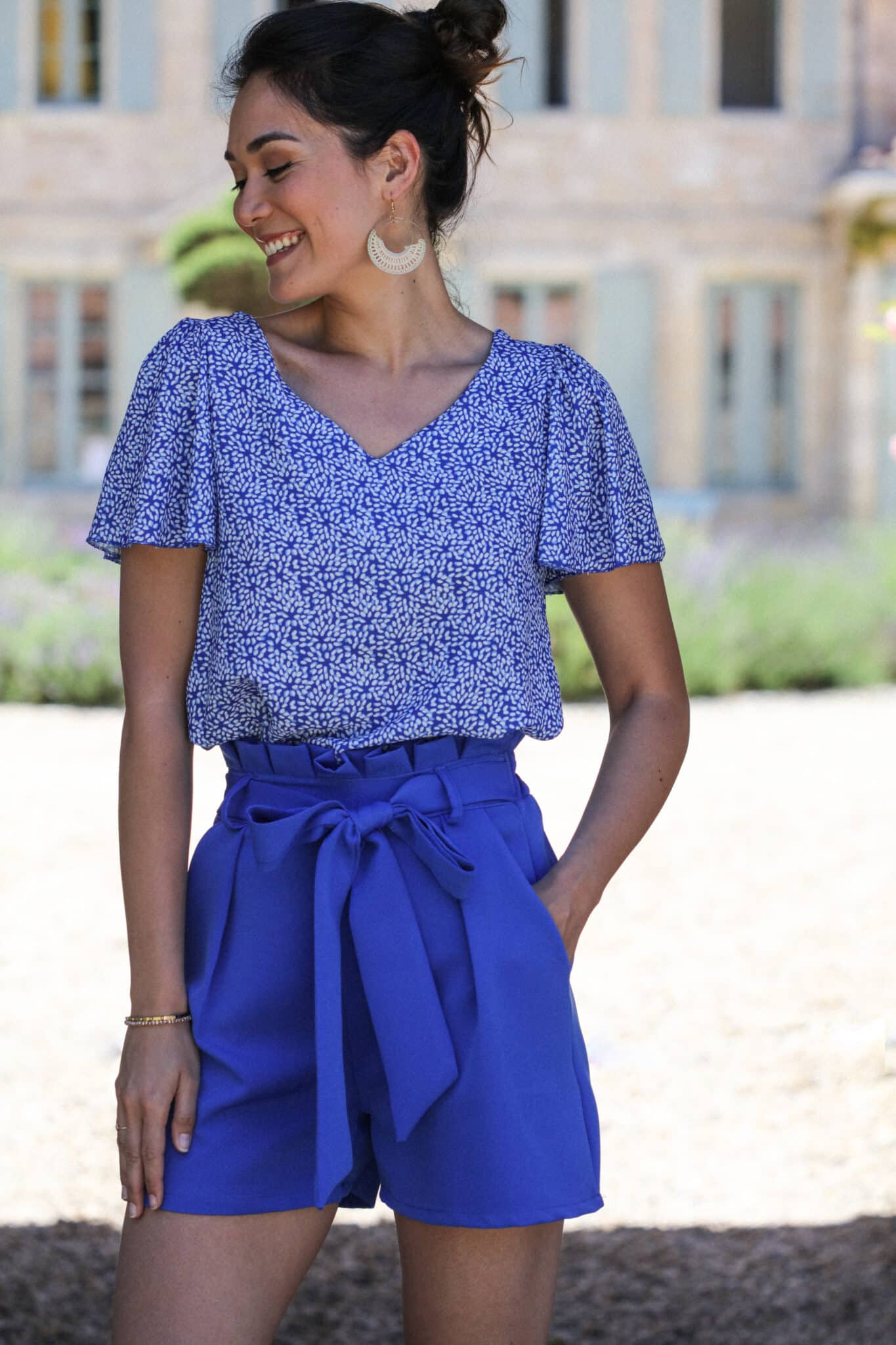 Cobalt blue spotted print blouse