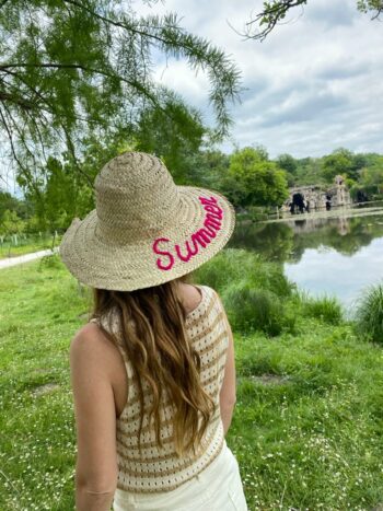 Summer Pink Print Straw Hat in Profile