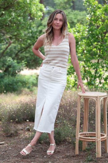 Gold striped lurex strap top and white skirt 4